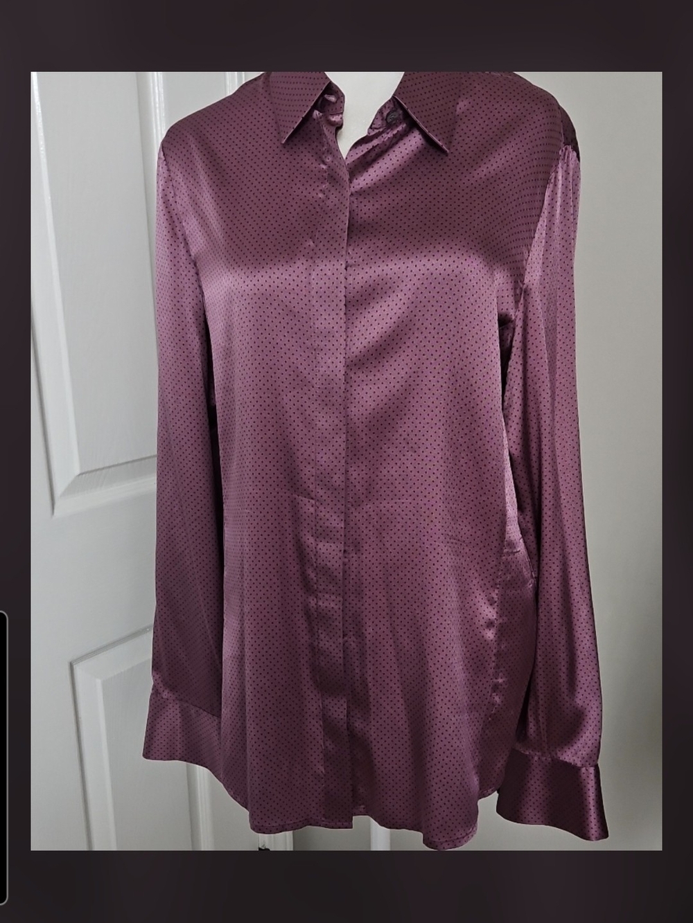 Ann Taylor Silk Polka Dot Blouse Size 14 Mauve Purple Stretch Button Down EUC